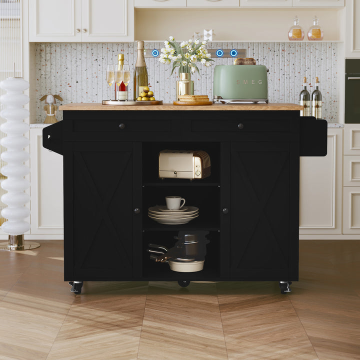 HLR® Rolling Kitchen Island with Drop-Leaf Countertop & Barn Door Design – Mobile Cart with Storage Cabinet & Tower Rack for Kitchen