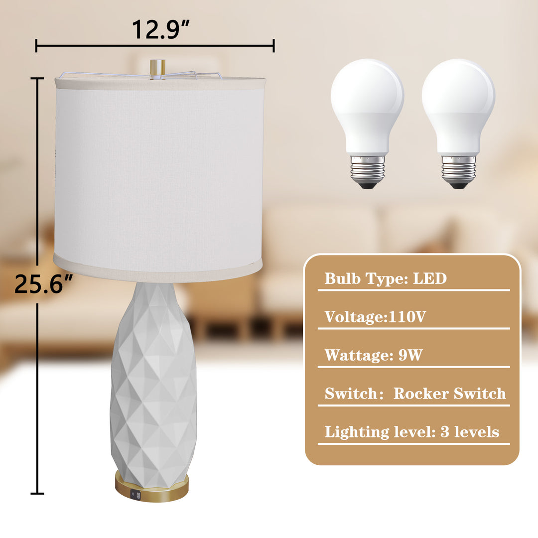 HLR® Set of 2 Modern 3-Way Dimmable Table Lamps with LED Bulbs Included and USB Charging Port for Bedside and Living Room Use