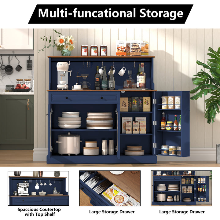 HLR® 48" Farmhouse-Style Kitchen Pantry with Glass Doors & Drawer – Wood Coffee Bar Cabinet with Microwave Hutch for Living & Dining Rooms