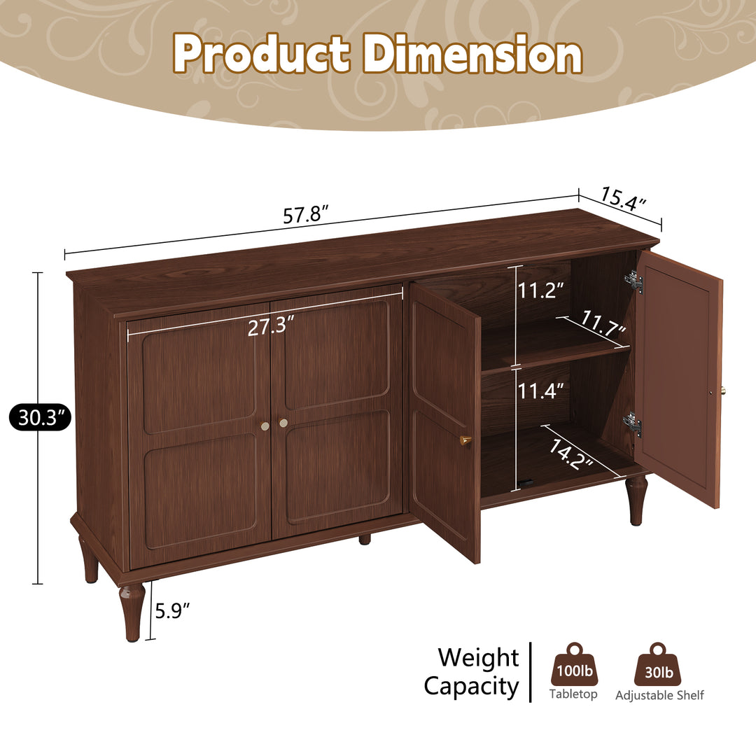 HLR® Mid Century 58'' Wooden Sideboard Buffet Cabinet – 4-Door Storage for Living, Dining & Bedroom