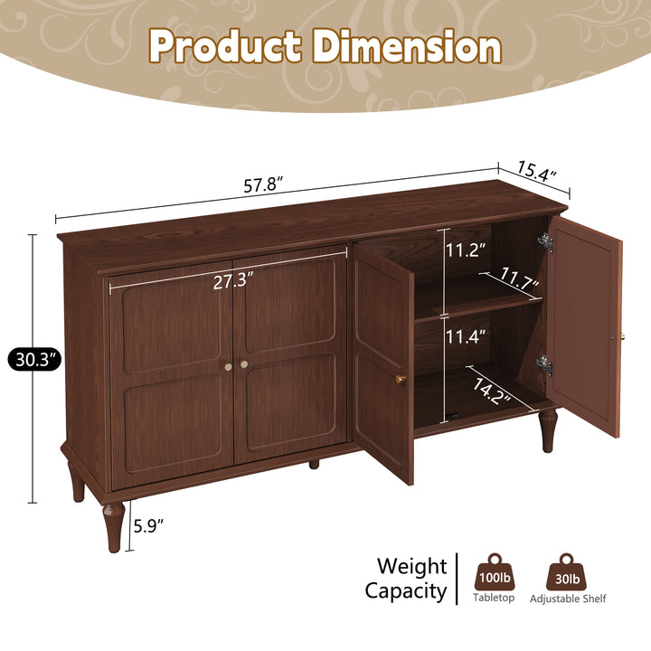 HLR® Mid Century 58'' Wooden Sideboard Buffet Cabinet – 4-Door Storage for Living, Dining & Bedroom