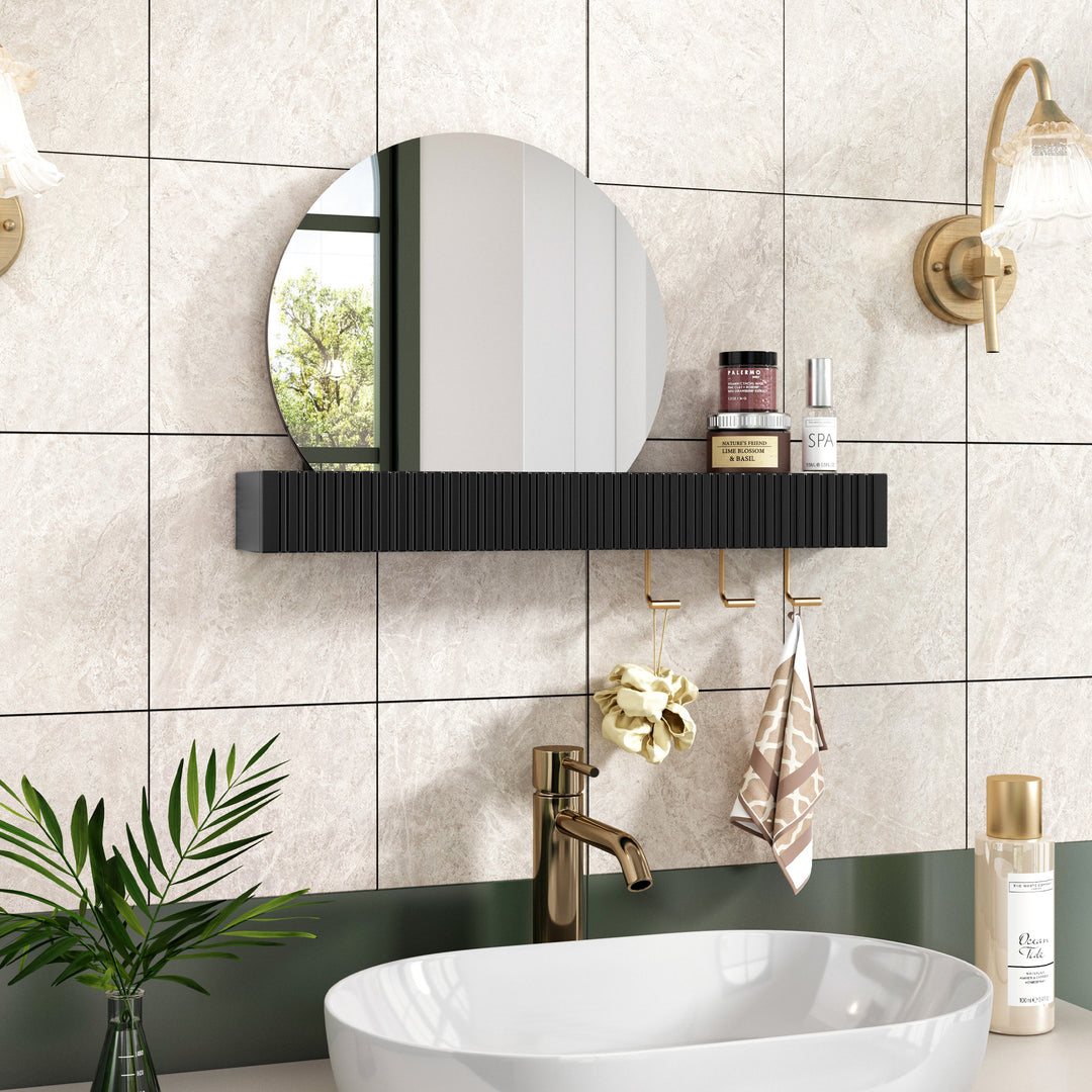 HLR® Round Wall Mirror with Shelf & Hooks – Functional Decor for Bathroom, Entryway, Bedroom & Living Room