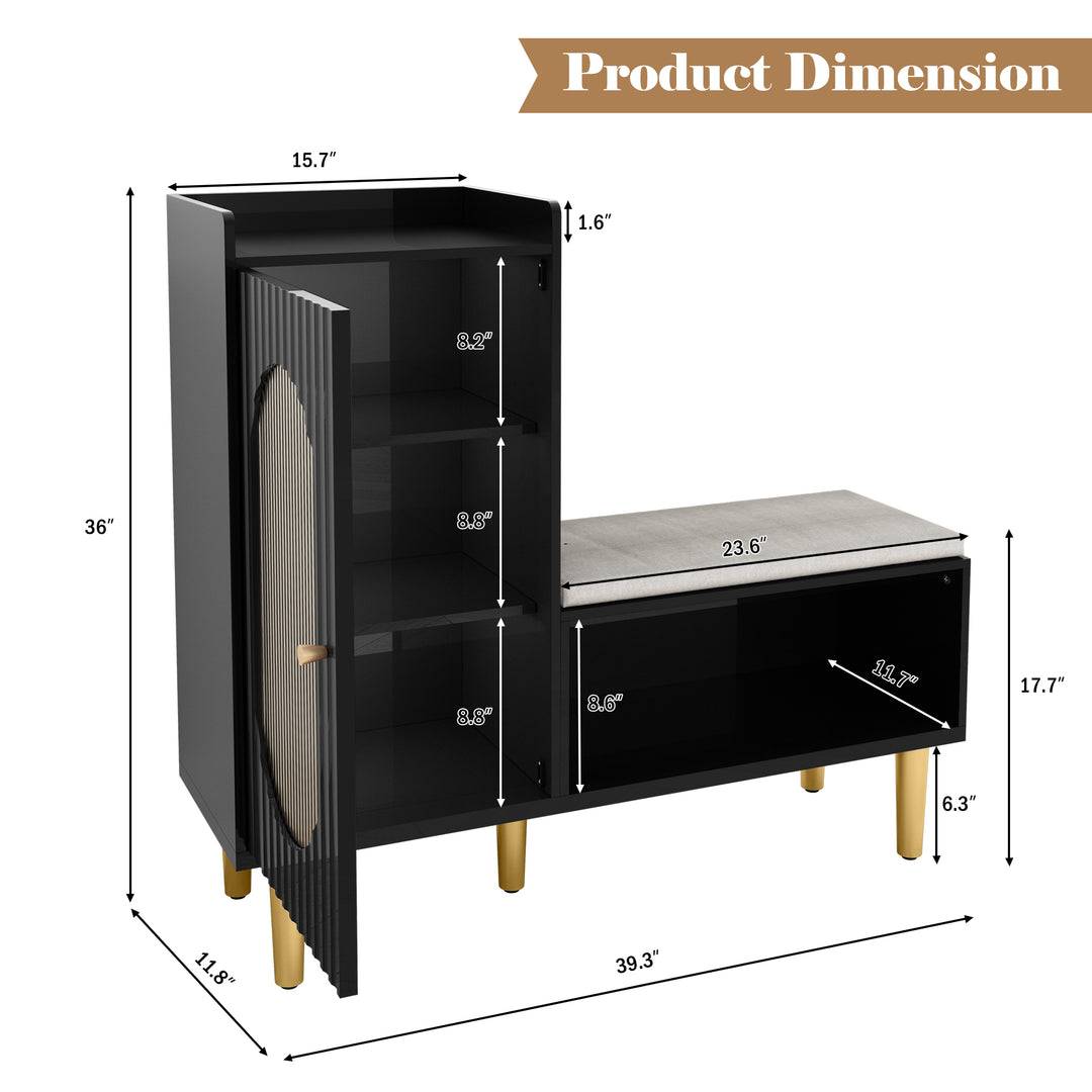 HLR® Modern Shoe Cabinet Bench – Glass Door, Shelf & Padded Seat – Multifunctional Storage for Entryway & Hallway