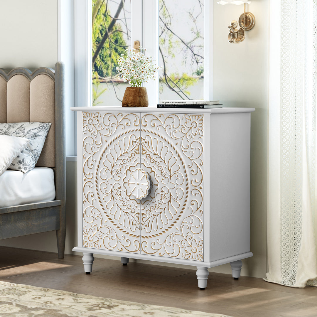 HLR® Wood Credenza Sideboard – 2-Door Storage & Hand-Carved Floral Design – Decorative Organizer for Entryway, Living & Dining