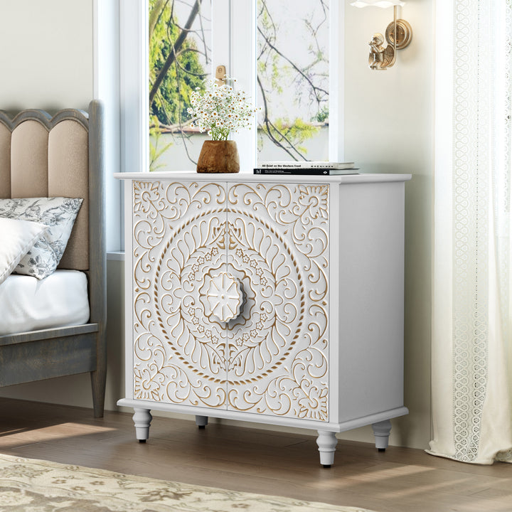 HLR® Wood Credenza Sideboard – 2-Door Storage & Hand-Carved Floral Design – Decorative Organizer for Entryway, Living & Dining