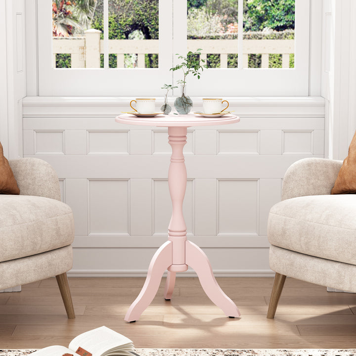 HLR® Pink Round Wooden Pedestal End Table – Vintage-Inspired Side Table with Textured Design for Living, Bedroom & Entryway