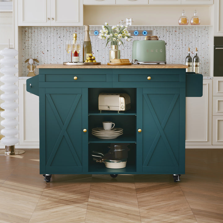 HLR® Rolling Kitchen Island with Drop-Leaf Countertop & Barn Door Design – Mobile Cart with Storage Cabinet & Tower Rack for Kitchen