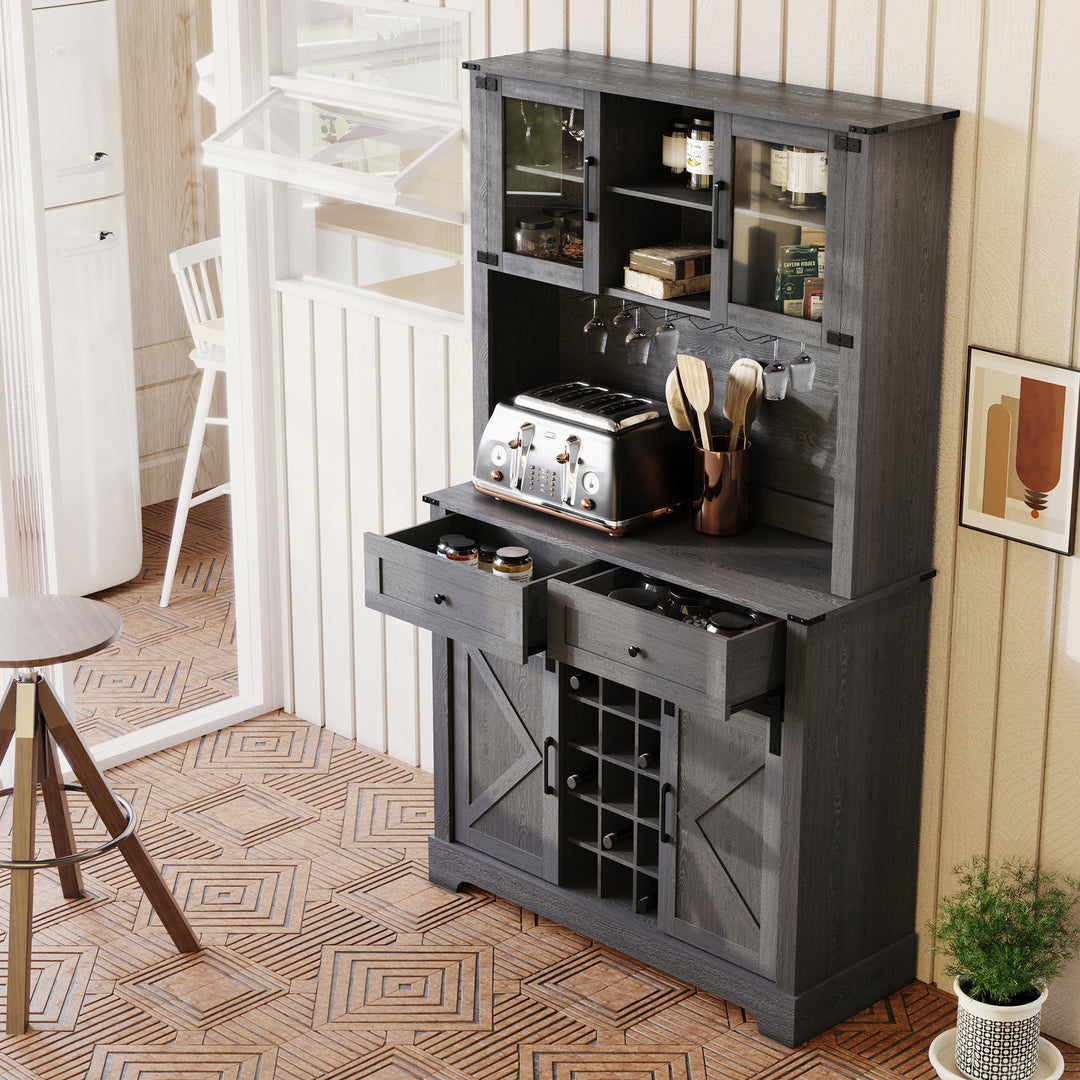 HLR® Wine Bar Buffet Cabinet – Sliding Barn Door, Drawers & Wine/Glass Rack – Stylish Storage for Dining Room