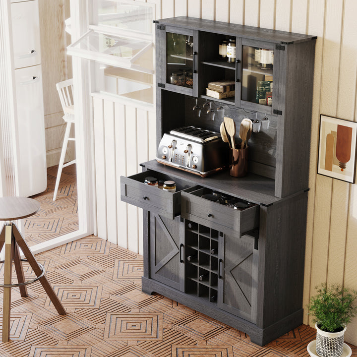 HLR® Wine Bar Buffet Cabinet – Sliding Barn Door, Drawers & Wine/Glass Rack – Stylish Storage for Dining Room