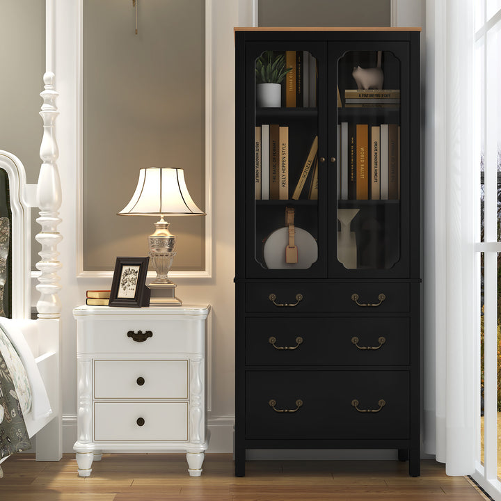 HLR® White Freestanding Tall Pantry Cabinet – Tempered Glass Doors & Adjustable Shelves – Storage for Kitchen & Dining Rooms
