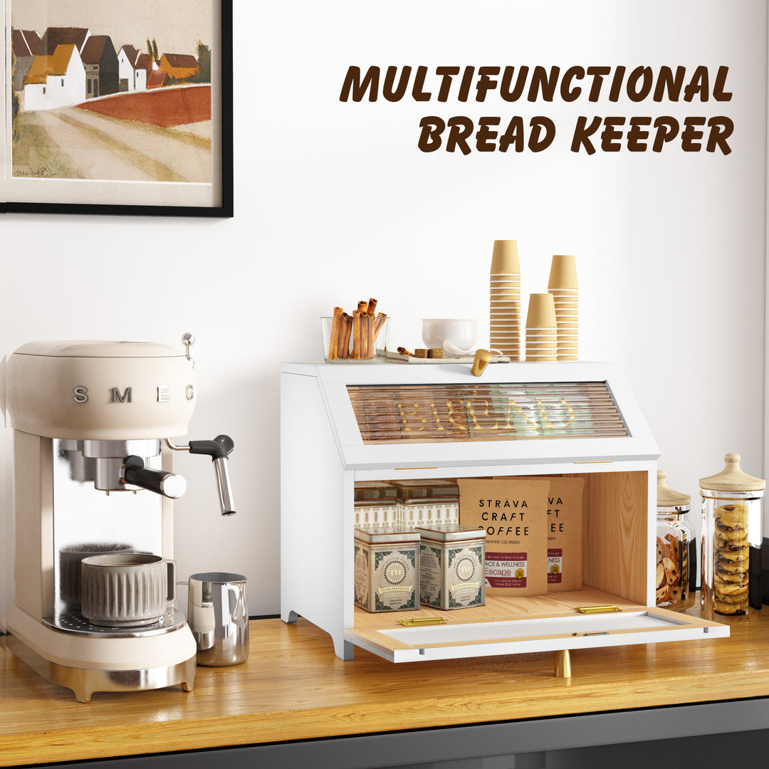 HLR® Double Layer Wooden Bread Box with Golden Trim – Space-Saving Corner Design – Countertop Kitchen Storage