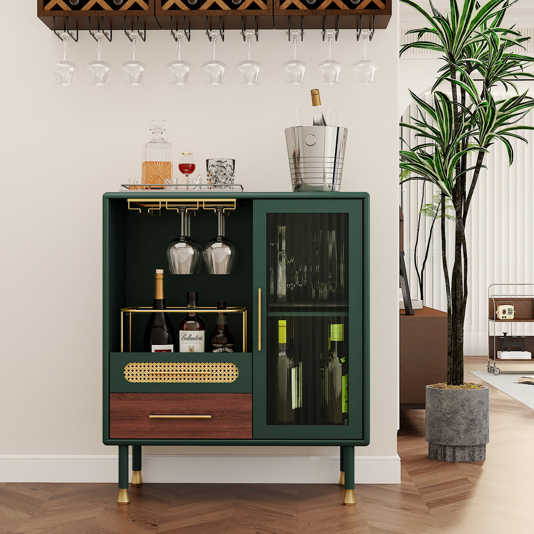 HLR® Modern Green Coffee Bar & Liquor Cabinet – Pull-Out Wine Storage, Wine Glass Rack & Drawers – Versatile Storage for Kitchen, Dining & Living Room