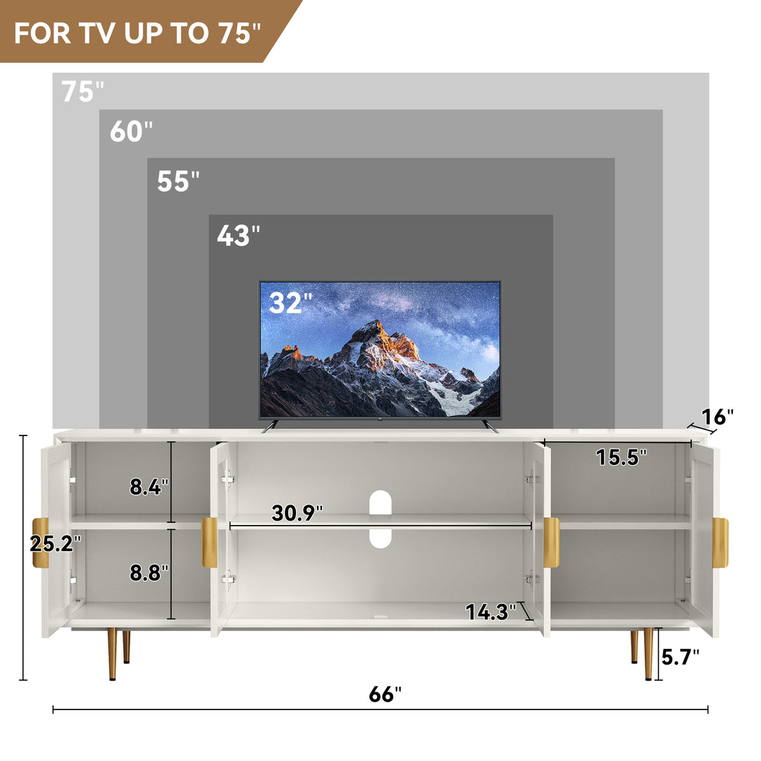 HLR® Modern TV Stand for TVs Up to 70" with Glass-Door Console & Gold Legs – Wooden Entertainment Center for Living & Bedroom