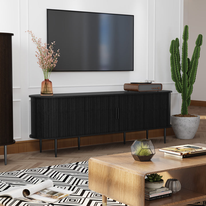 HLR® 70" Mid Century TV Stand With Tambour Door For TVs Up To 80", Brown/Black