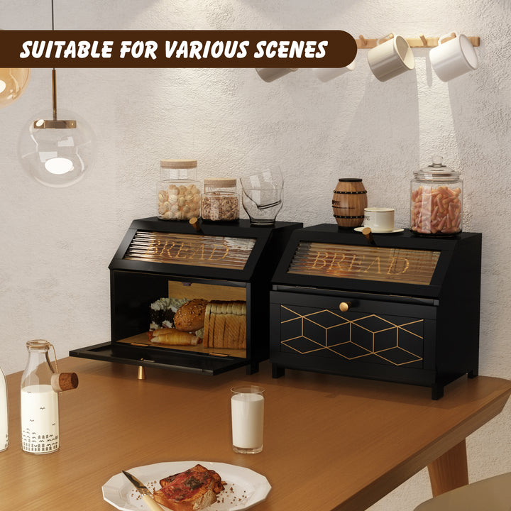 HLR® Double Layer Wooden Bread Box with Golden Trim – Space-Saving Corner Design – Countertop Kitchen Storage