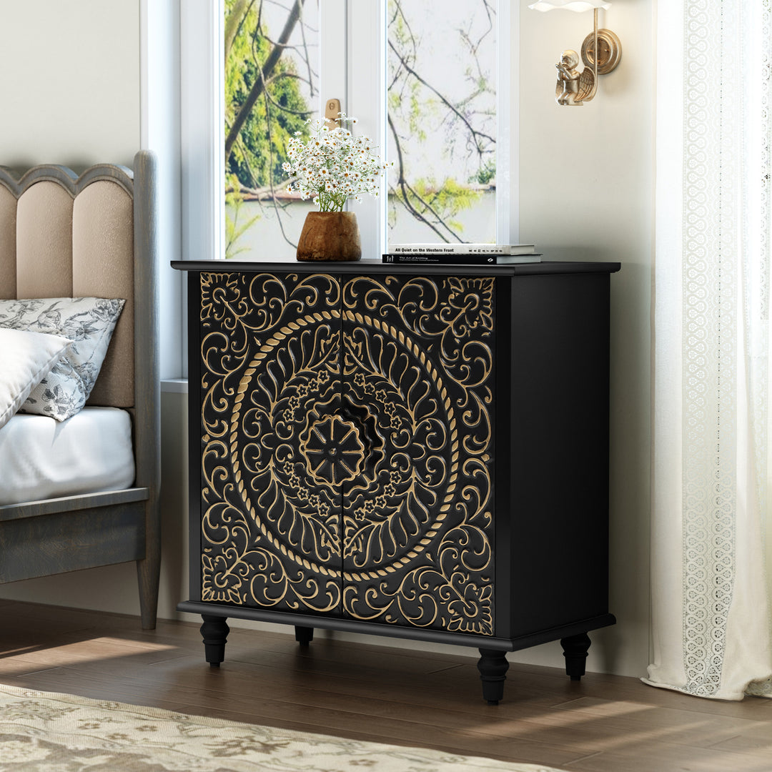 HLR® Wood Credenza Sideboard – 2-Door Storage & Carved Flower Design – Decorative Organizer for Living, Dining & Entryway