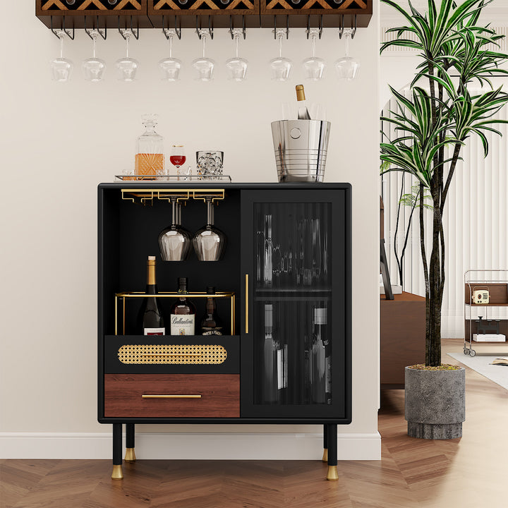 HLR® Modern Green Coffee Bar & Liquor Cabinet – Pull-Out Wine Storage, Wine Glass Rack & Drawers – Versatile Storage for Kitchen, Dining & Living Room