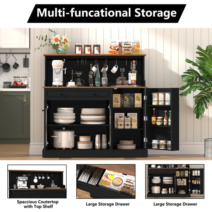 HLR® 48" Farmhouse-Style Kitchen Pantry with Glass Doors & Drawer – Wood Coffee Bar Cabinet with Microwave Hutch for Living & Dining Rooms