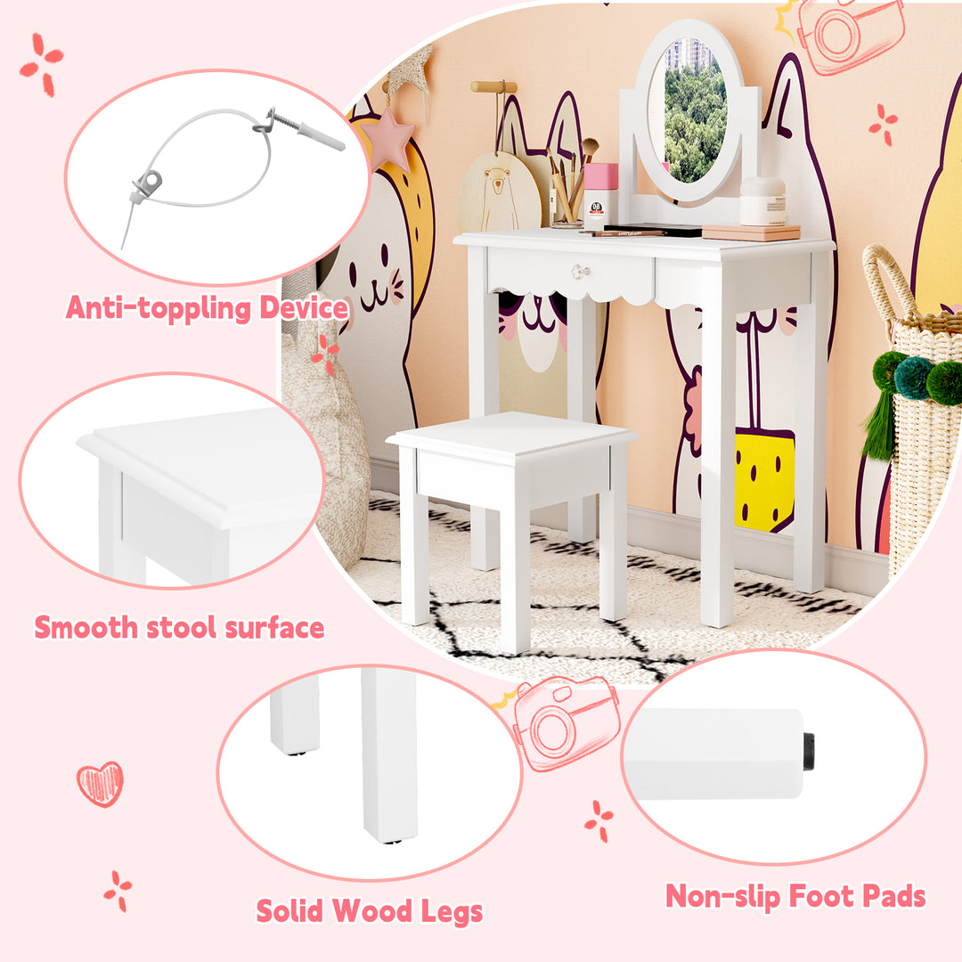 HLR® Princess 2-in-1 Wooden Kids Vanity Set with Detachable Mirror, Drawer & Stool – Pretend Play Makeup Desk for Girls Ages 3+