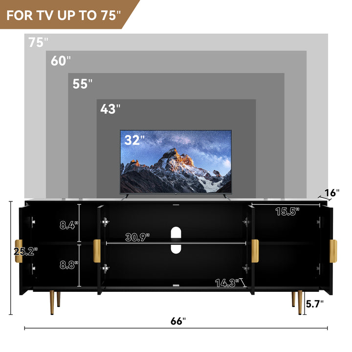 HLR® Modern TV Stand for TVs Up to 70" with Glass-Door Console & Gold Legs – Wooden Entertainment Center for Living & Bedroom