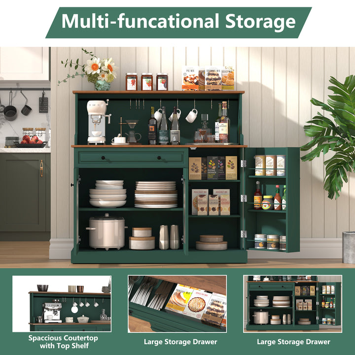 HLR® 48" Farmhouse-Style Kitchen Pantry with Glass Doors & Drawer – Wood Coffee Bar Cabinet with Microwave Hutch for Living & Dining Rooms
