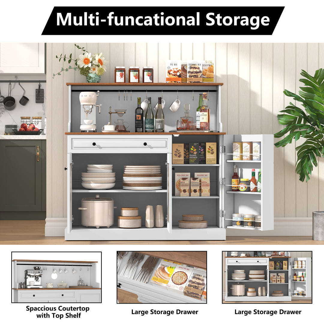 HLR® 48" Farmhouse-Style Kitchen Pantry with Glass Doors & Drawer – Wood Coffee Bar Cabinet with Microwave Hutch for Living & Dining Rooms