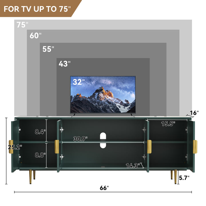 HLR® Modern TV Stand for TVs Up to 70" with Glass-Door Console & Gold Legs – Wooden Entertainment Center for Living & Bedroom