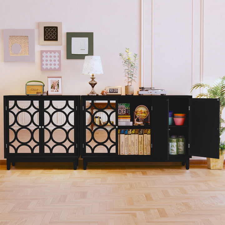HLR® Modern Sideboard Buffet with 4 Mirror Doors – Glam Accent Storage Cabinet for Living, Dining & Entryway
