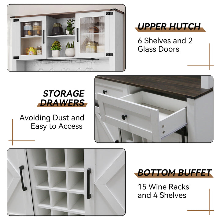 HLR® Wine Bar Buffet Cabinet – Sliding Barn Door, Drawers & Wine/Glass Rack – Stylish Storage for Dining Room