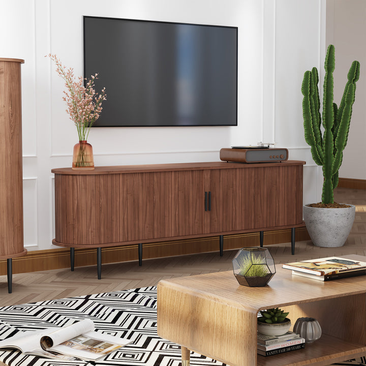 HLR® 70" Mid Century TV Stand With Tambour Door For TVs Up To 80", Brown/Black