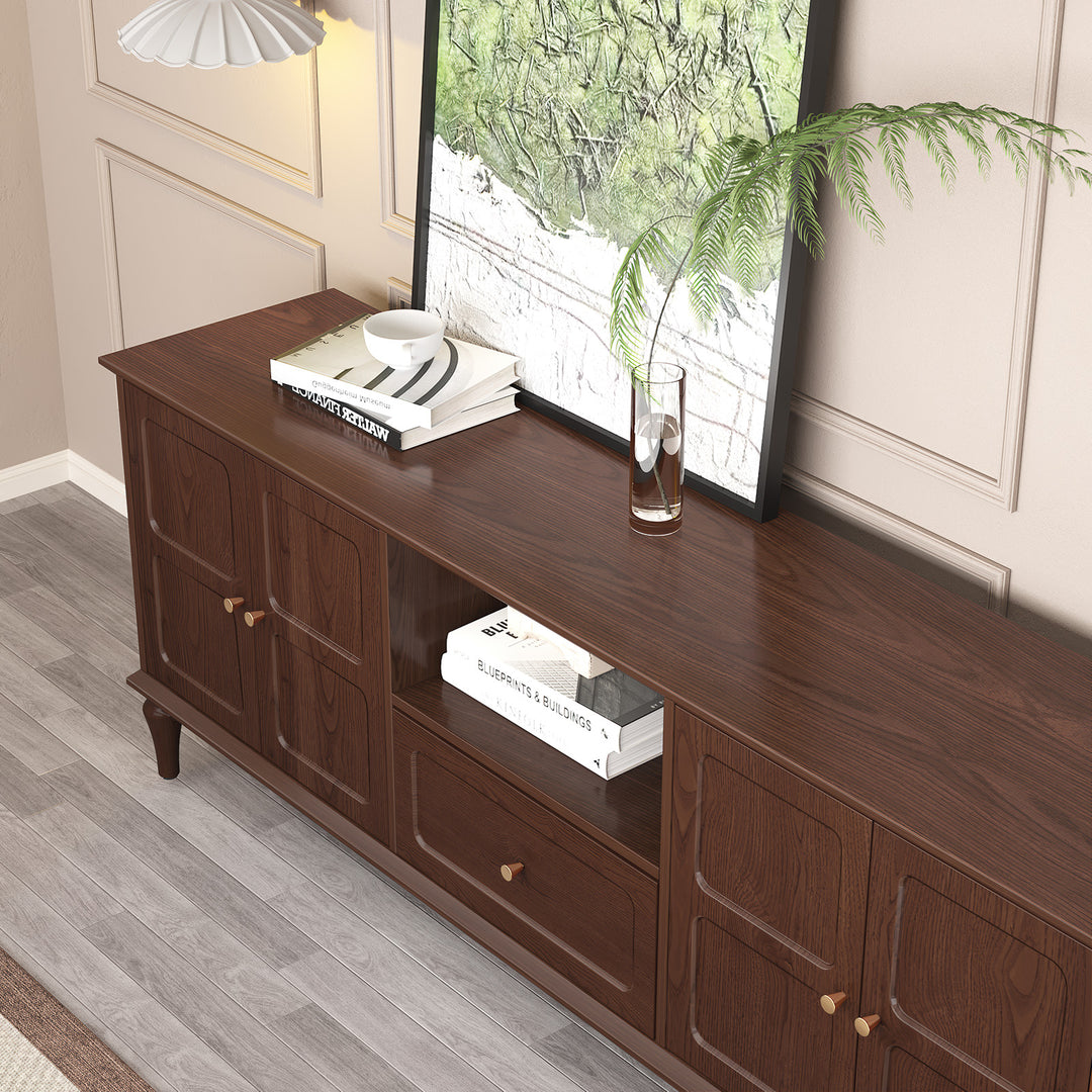 HLR® 67"Mid-Century Modern TV Stand for 75" TVs – Retro Walnut Media Console with 3 Doors, 2 Drawers & Adjustable Shelves