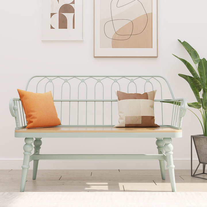 HLR® Mid-Century Modern Entryway Bench – Metal Frame with Solid Wood Legs | Industrial Hallway Seating with Retro Charm