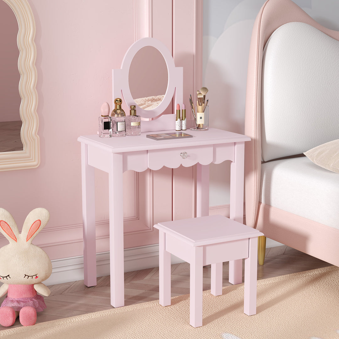 HLR® Princess 2-in-1 Wooden Kids Vanity Set with Detachable Mirror, Drawer & Stool – Pretend Play Makeup Desk for Girls Ages 3+