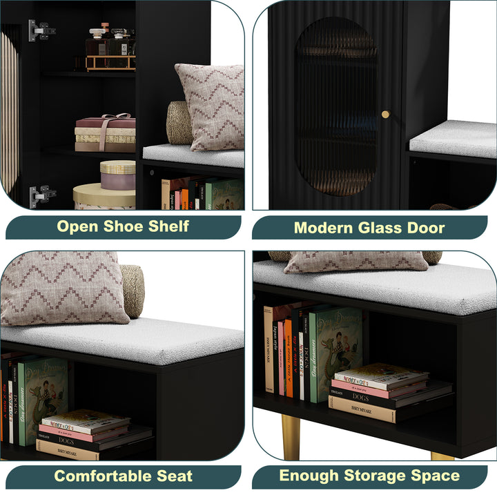 HLR® Modern Shoe Cabinet Bench – Glass Door, Shelf & Padded Seat – Multifunctional Storage for Entryway & Hallway