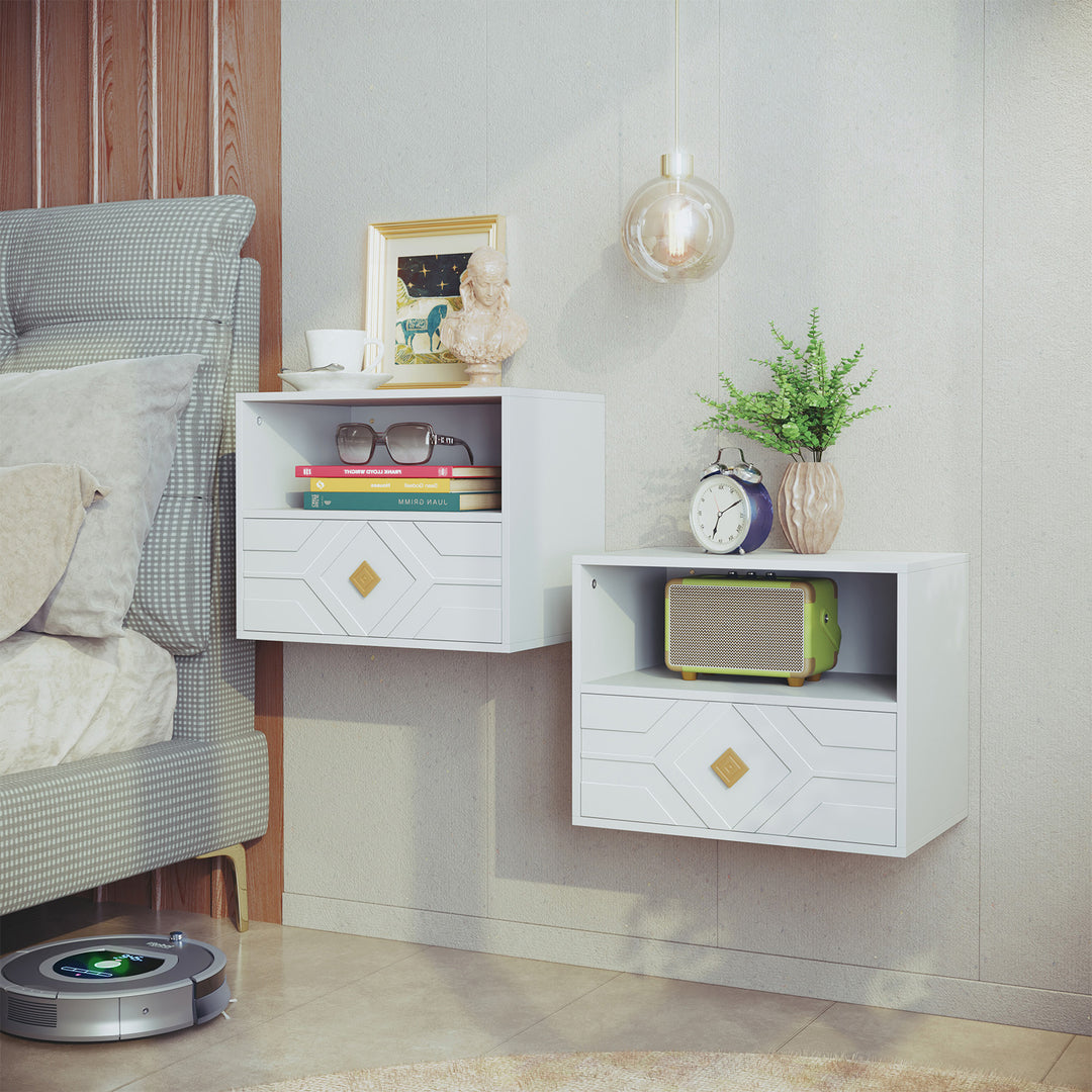 HLR® Modern Floating Nightstand Set of 2 with Drawer & Embossed Design – Wall-Mounted Bedside Tables with Storage for Bedroom