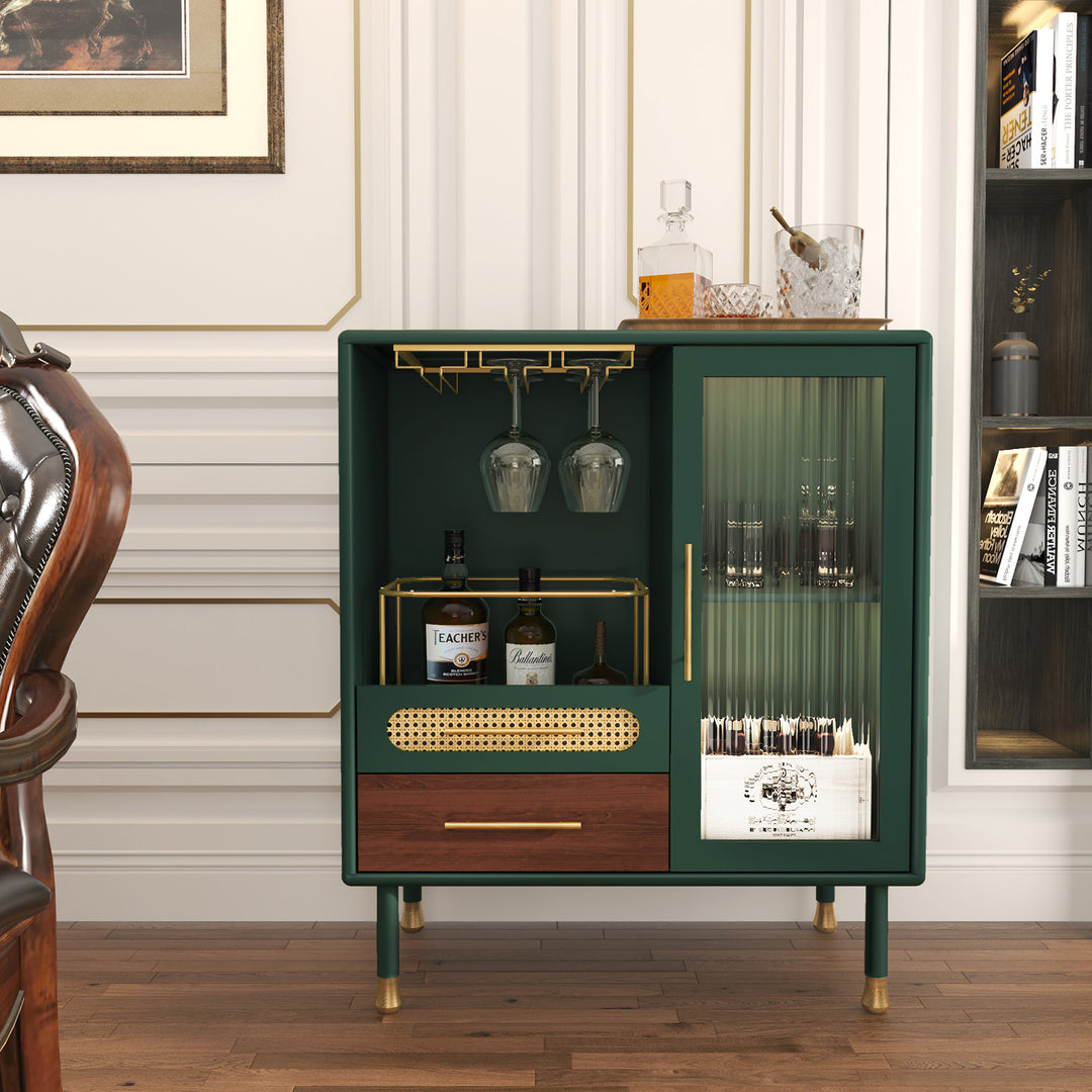 HLR® Modern Green Coffee Bar & Liquor Cabinet – Pull-Out Wine Storage, Wine Glass Rack & Drawers – Versatile Storage for Kitchen, Dining & Living Room