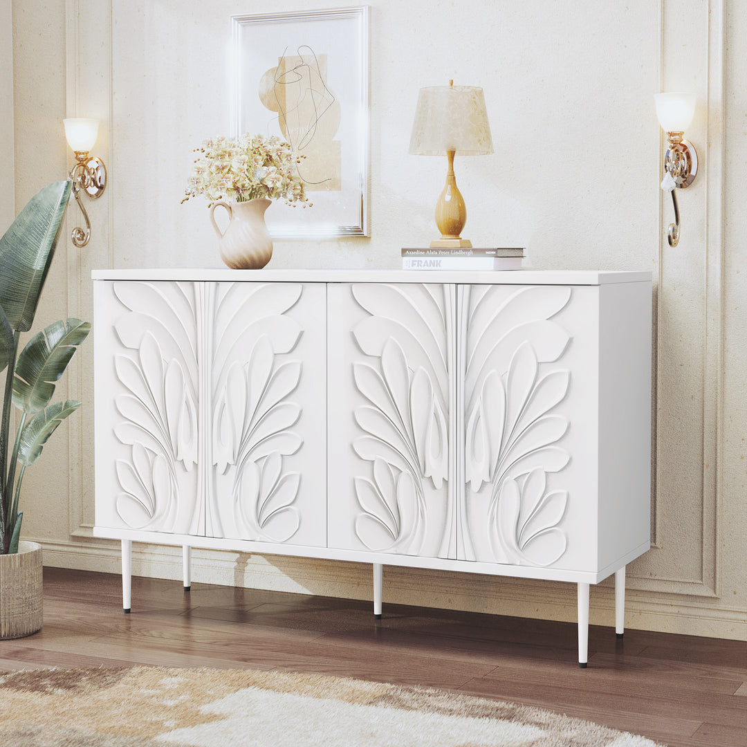 HLR® 47.24''W Modern Credenza Sideboard – 4-Door 3D Floral Design Storage Cabinet for Dining & Kitchen