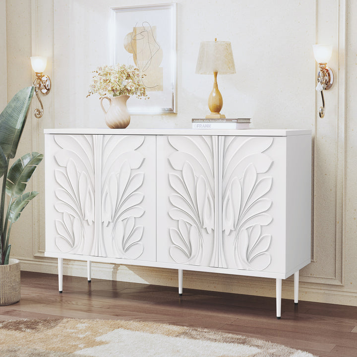 HLR® 47.24''W Modern Credenza Sideboard – 4-Door 3D Floral Design Storage Cabinet for Dining & Kitchen
