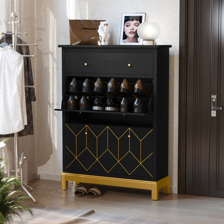 HLR® Space-Saving Hidden Shoe Cabinet – 2 Flip-Doors & 1 Drawer – Compact Storage for Entryway & Front Door