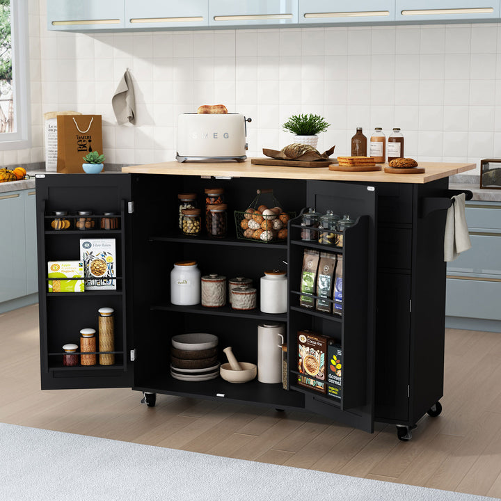 HLR® 50.4" Multifunctional Wooden Kitchen Island – 3 Doors, 2 Drawers, Spice Rack & Storage (Prep & Organization Cart)