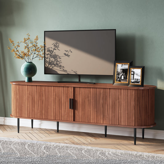 HLR® 70" Mid Century TV Stand With Tambour Door For TVs Up To 80", Brown/Black
