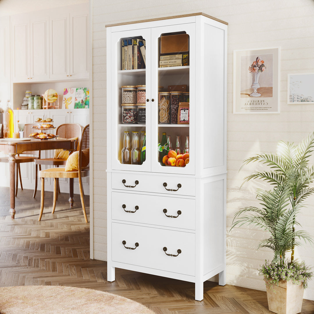 HLR® White Freestanding Tall Pantry Cabinet – Tempered Glass Doors & Adjustable Shelves – Storage for Kitchen & Dining Rooms
