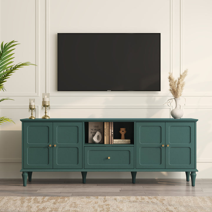 HLR® 67"Mid-Century Modern TV Stand for 75" TVs – Retro Walnut Media Console with 3 Doors, 2 Drawers & Adjustable Shelves