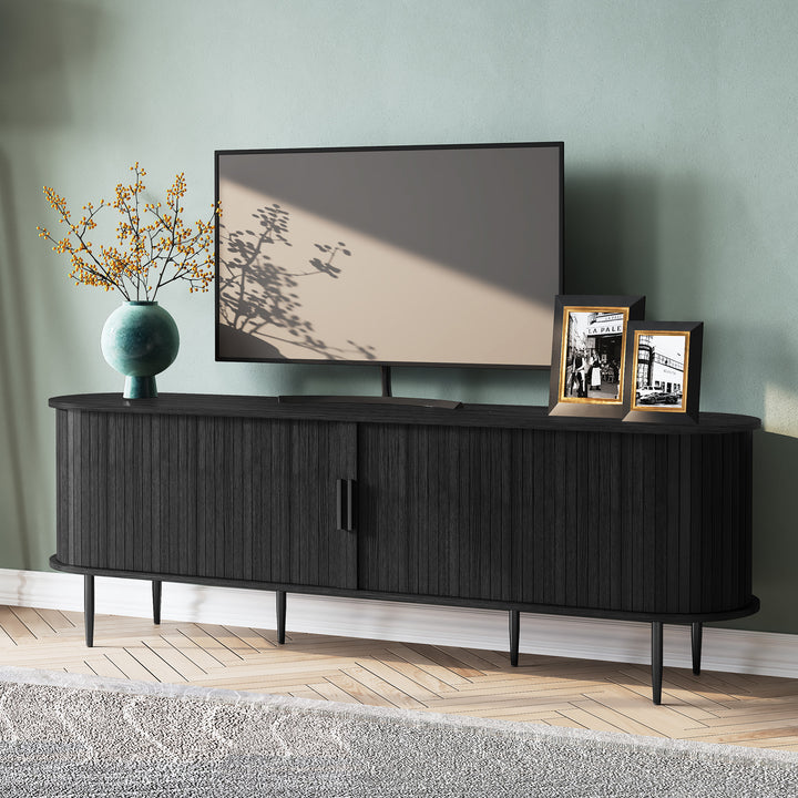 HLR® 70" Mid Century TV Stand With Tambour Door For TVs Up To 80", Brown/Black