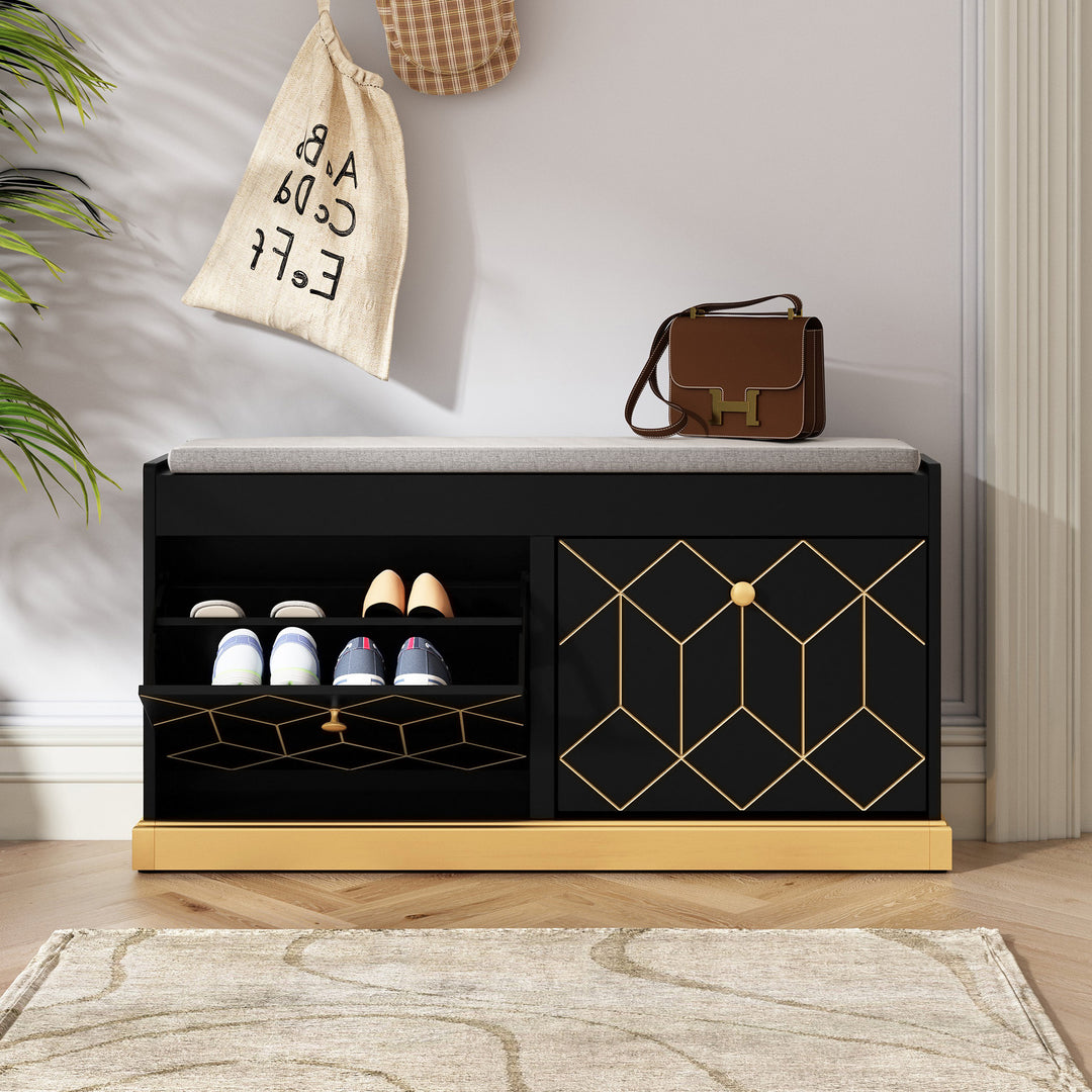 HLR® Modern Entryway Shoe Bench with 2 Flip Drawers & Padded Cushion – Stylish Storage Bench for Hallway, Closet & Living Room
