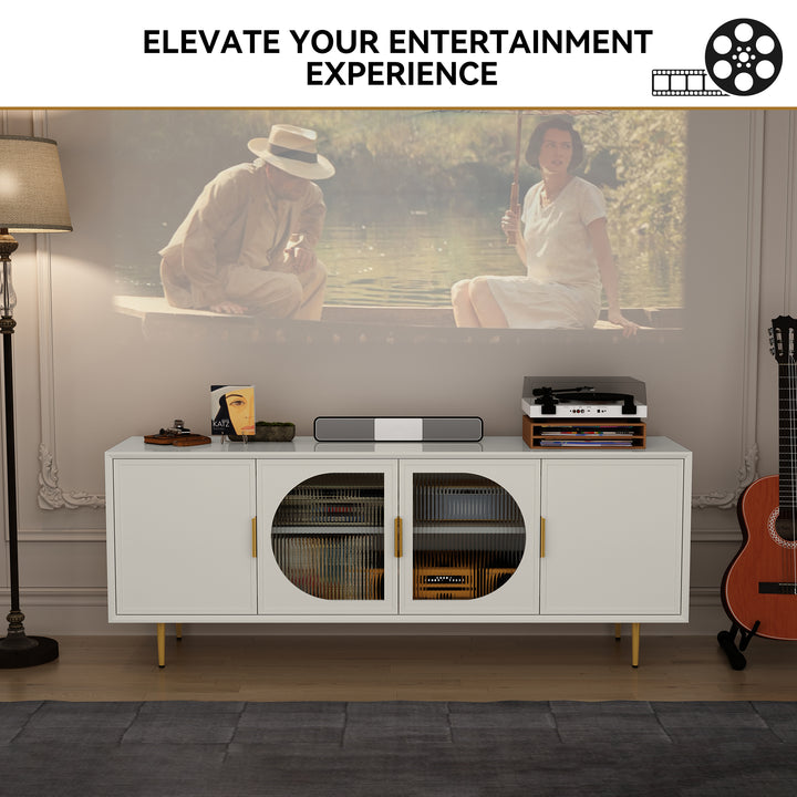 HLR® Modern TV Stand for TVs Up to 70" with Glass-Door Console & Gold Legs – Wooden Entertainment Center for Living & Bedroom