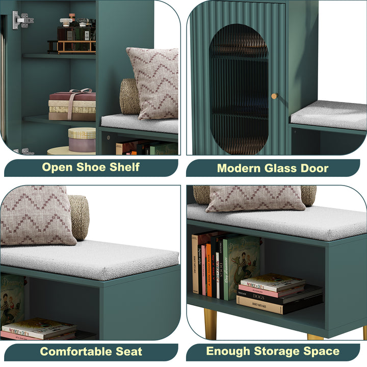 HLR® Modern Shoe Cabinet Bench – Glass Door, Shelf & Padded Seat – Multifunctional Storage for Entryway & Hallway
