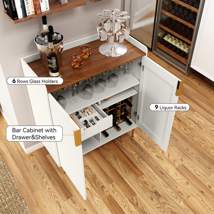 HLR® Coffee Bar Cabinet with Wine Racks – Fluted Texture Liquor Cabinet Modern Sideboard Buffet for Kitchen, Dining & Living Room