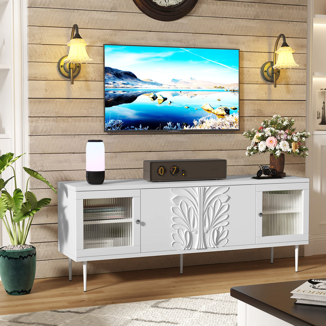 HLR® 75" Mid Century Modern TV Stand – 3D Flower Pattern Wood Entertainment Center with Fluted Glass Doors & Storage – Media Console for Living Room