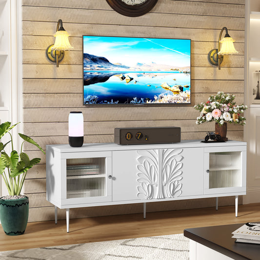 HLR® 75" Mid Century Modern TV Stand – 3D Flower Pattern Wood Entertainment Center with Fluted Glass Doors & Storage – Media Console for Living Room